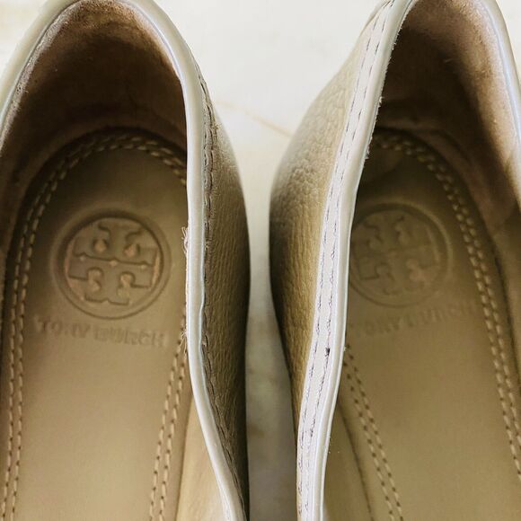 TORY BURCH Tan Gray Leather Ballerina Flats Large Logo - US 7.5 - Picture 5 of 6
